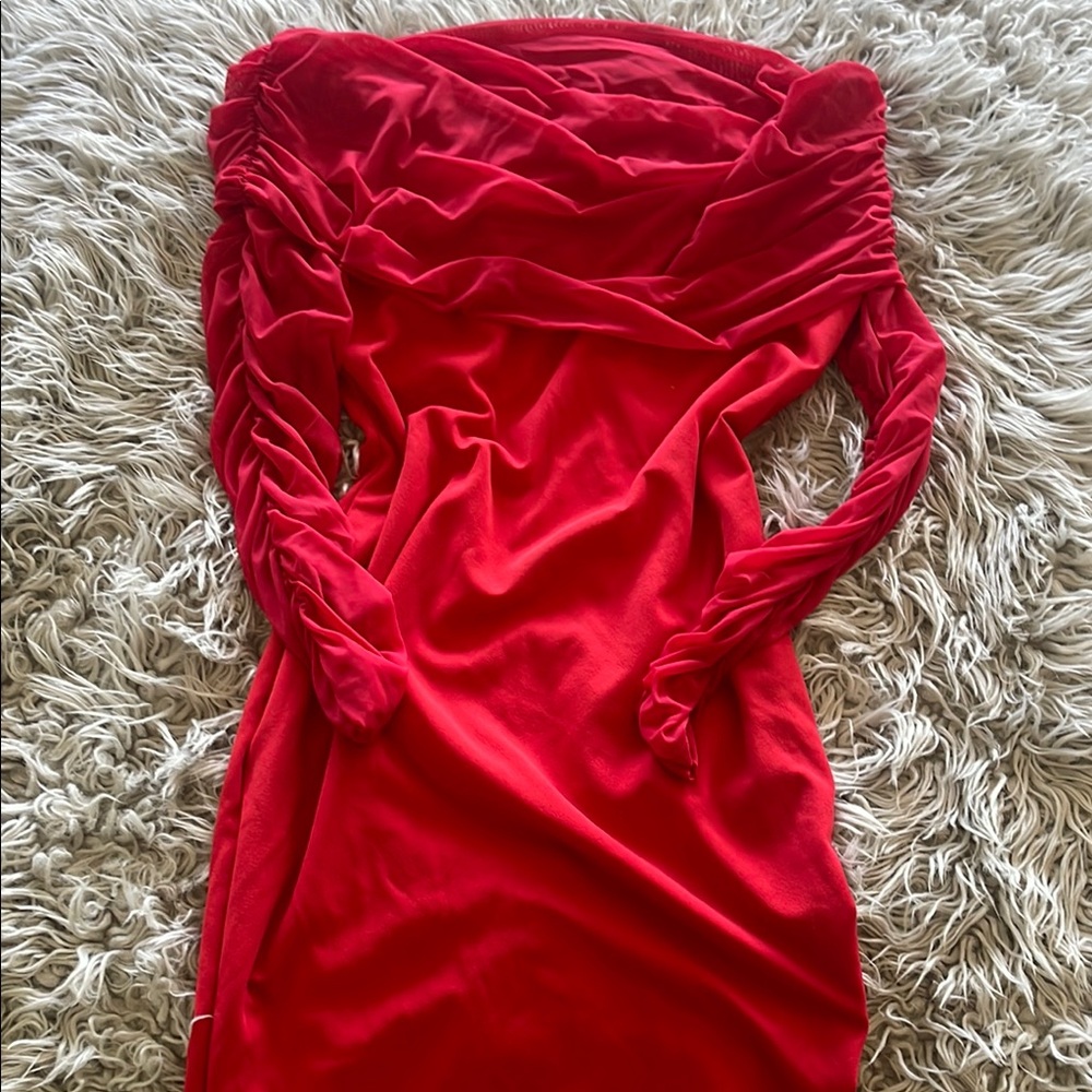 Fashion Nova Red Asymmetrical Ruched Bodycon Dress